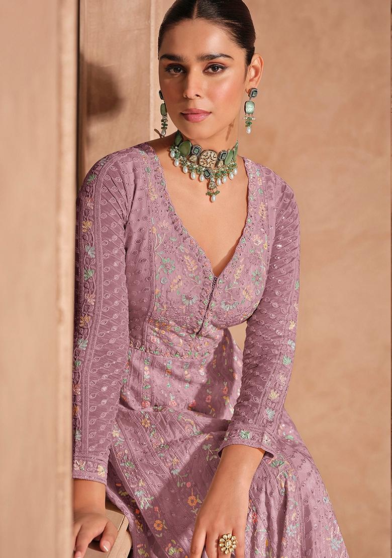 Pink Embroidered Chinon Salwar Kameez With Dupatta - Indya