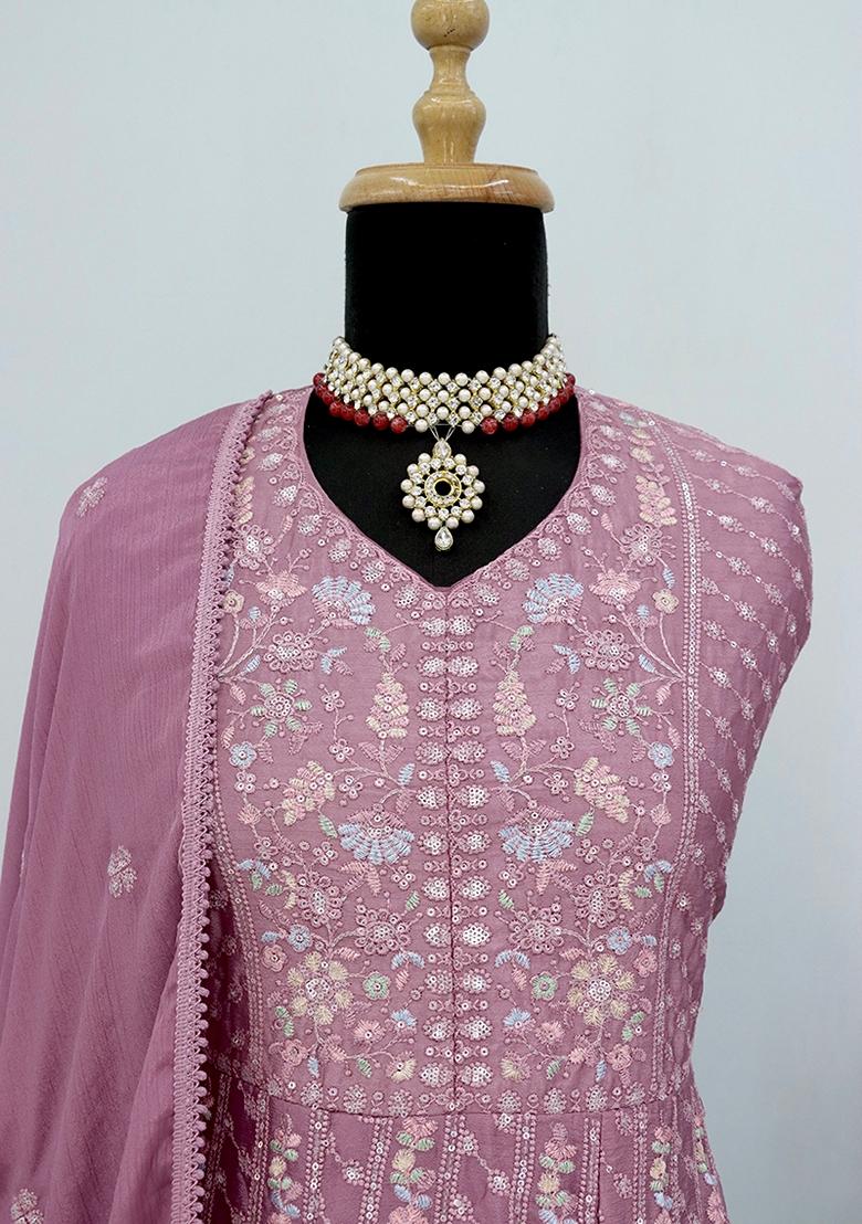 Pink Embroidered Chinon Salwar Kameez With Dupatta - Indya