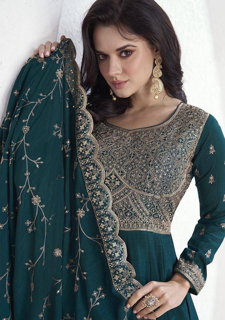 Blue Embroidered Silk Salwar Kameez With Dupatta - Indya