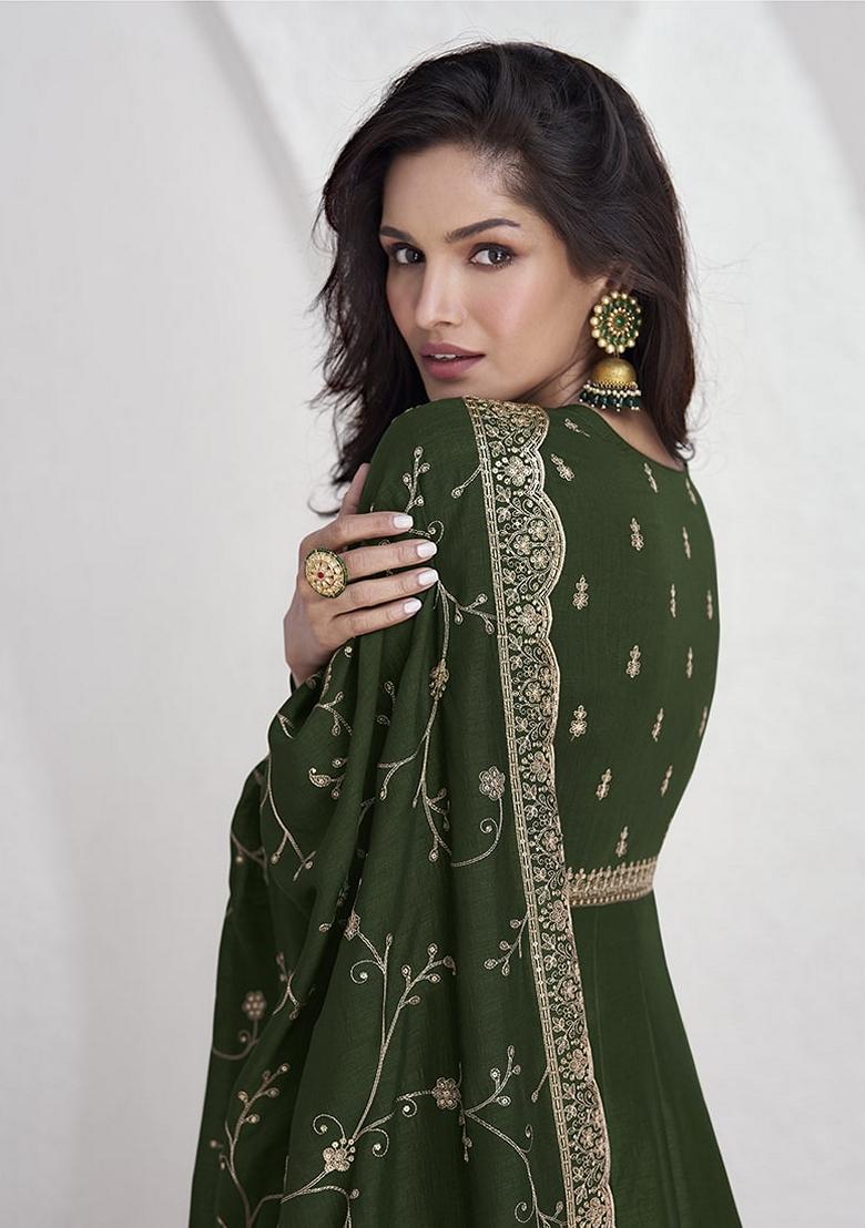 Green Embroidered Silk Salwar Kameez With Dupatta - Indya