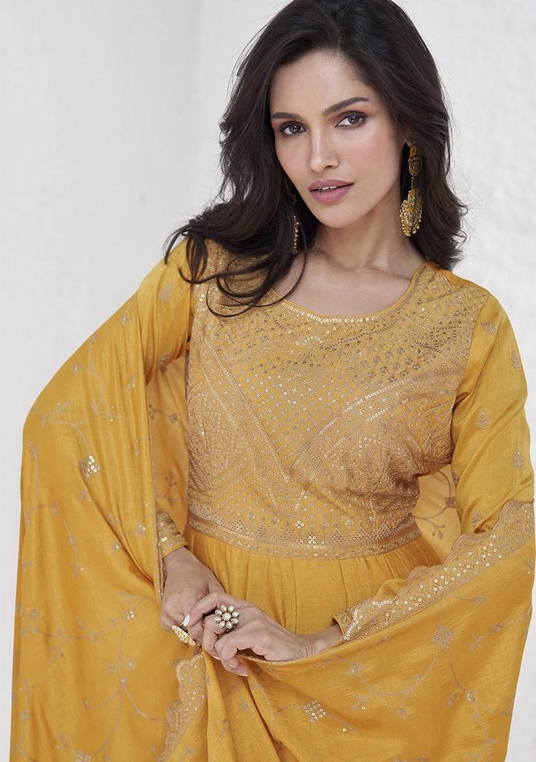 Yellow Embroidered Silk Salwar Kameez With Dupatta - Indya