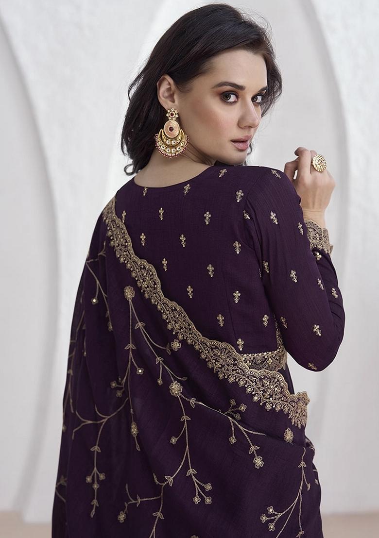 Purple Embroidered Silk Salwar Kameez With Dupatta - Indya