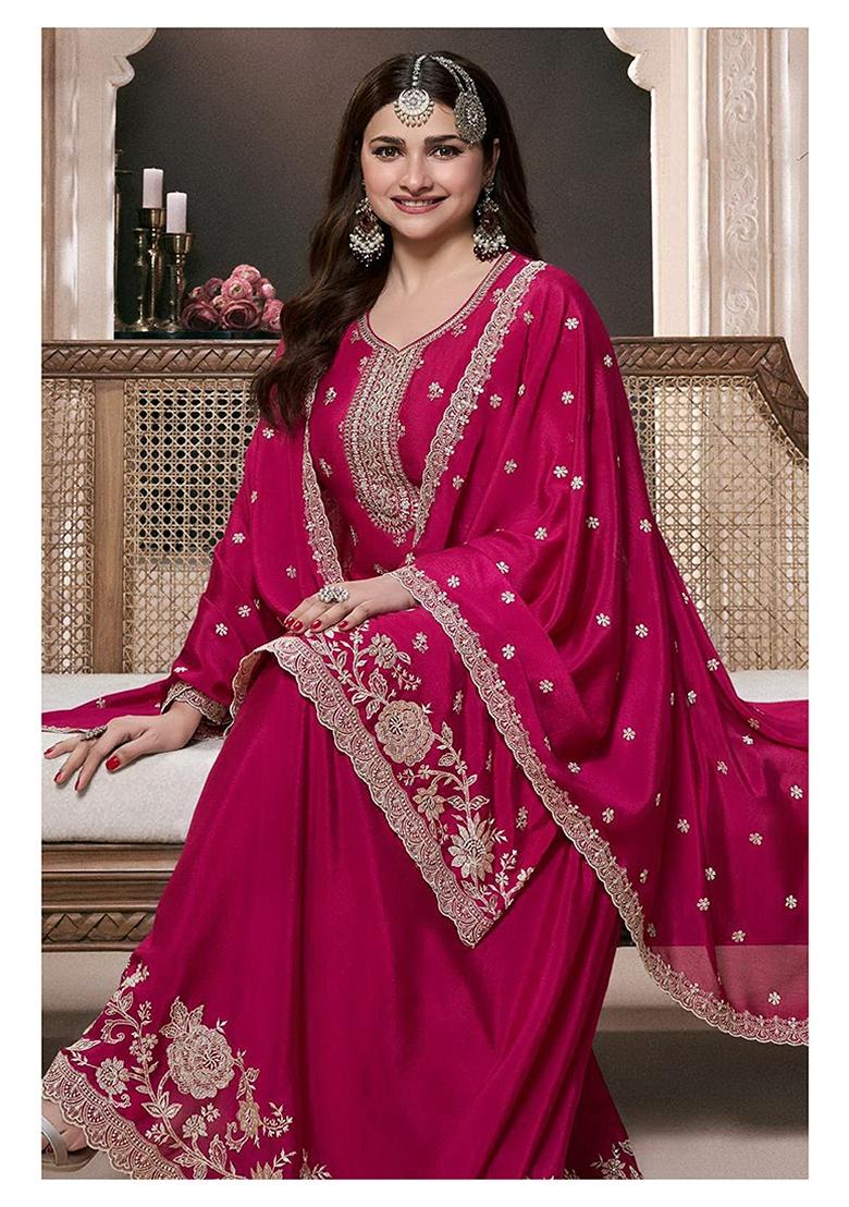 Pink Embroidered Chinon Salwar Kameez With Dupatta - Indya