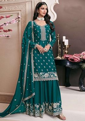 Blue Embroidered Chinon Salwar Kameez With Dupatta