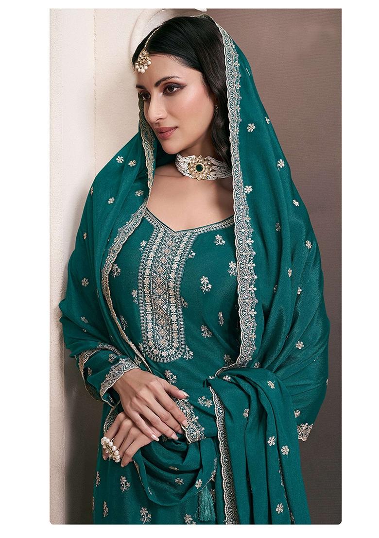 Blue Embroidered Chinon Salwar Kameez With Dupatta - Indya