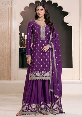 Purple Embroidered Chinon Salwar Kameez With Dupatta