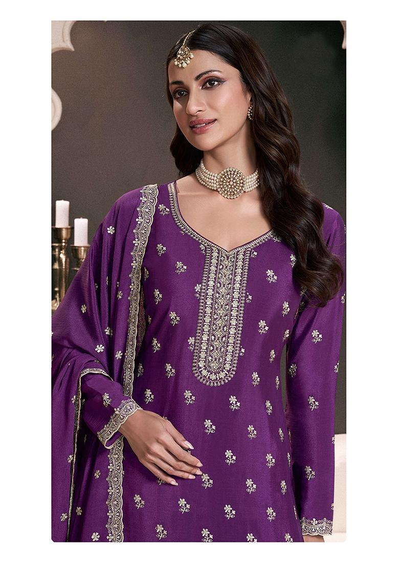 Purple Embroidered Chinon Salwar Kameez With Dupatta - Indya