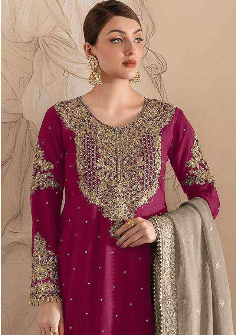 Pink Embroidered Georgette Salwar Kameez With Dupatta - Indya