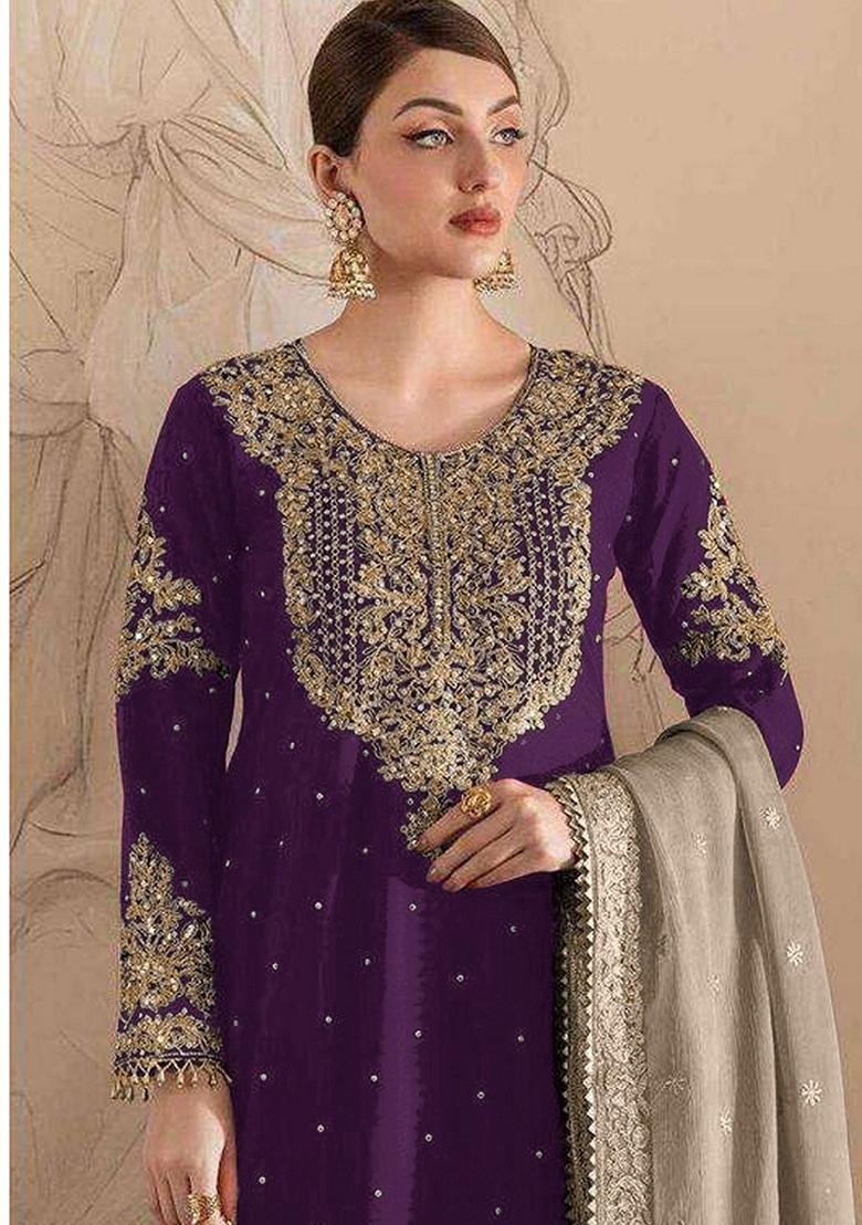 Purple Embroidered Georgette Salwar Kameez With Dupatta - Indya