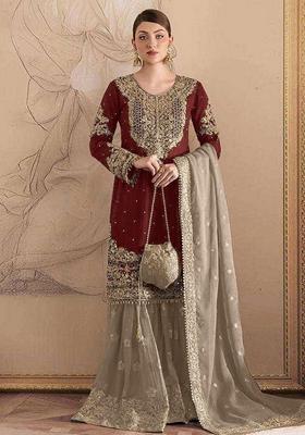 Maroon Embroidered Georgette Salwar Kameez With Dupatta