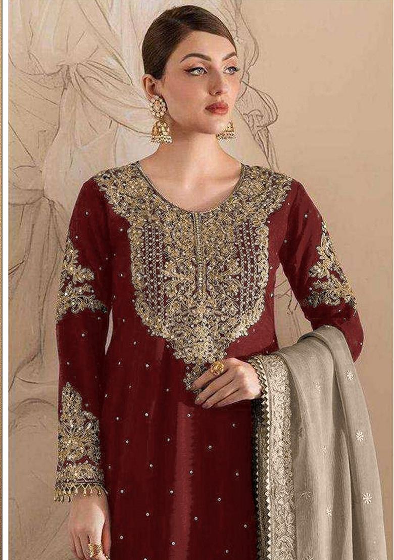 Maroon Embroidered Georgette Salwar Kameez With Dupatta - Indya