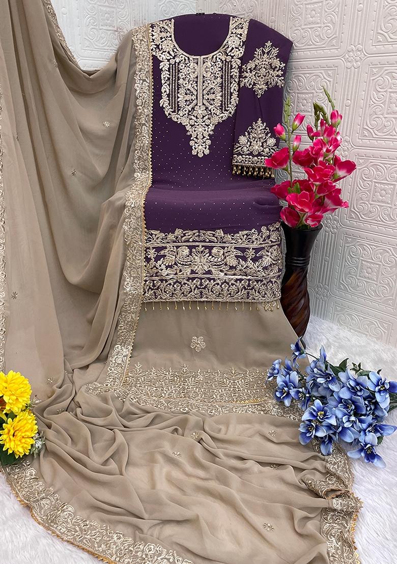 Purple Embroidered Georgette Salwar Kameez With Dupatta - Indya