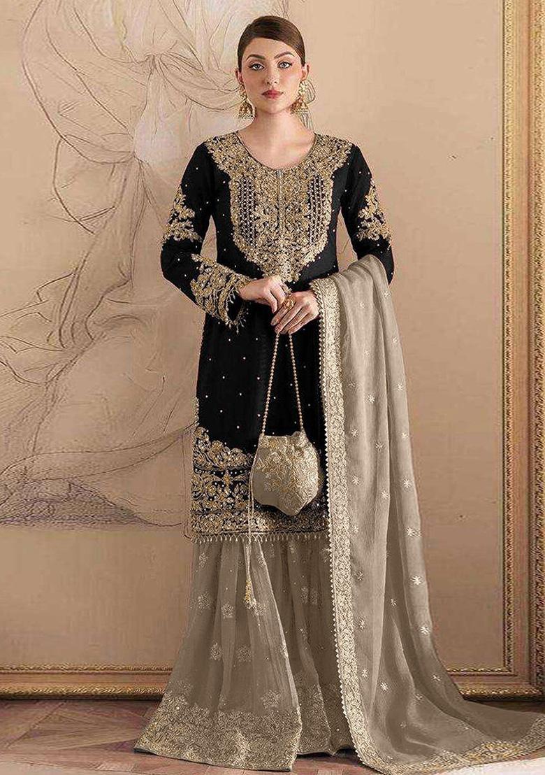 Black Embroidered Georgette Salwar Kameez With Dupatta - Indya