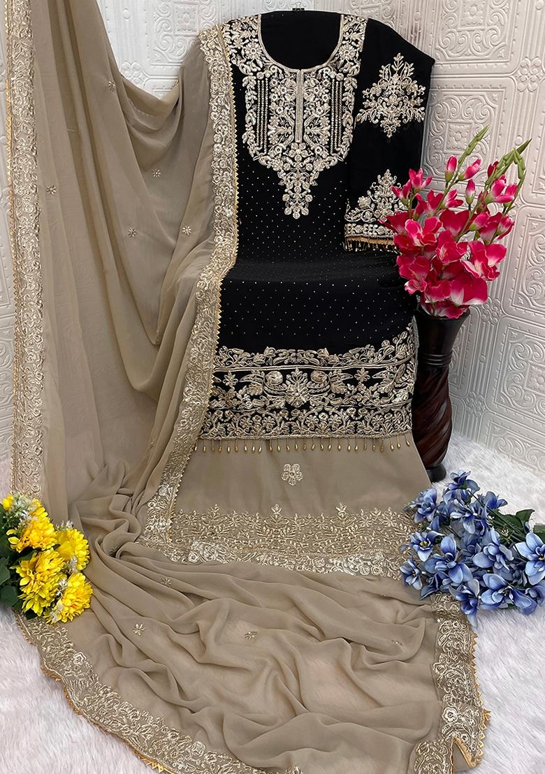 Black Embroidered Georgette Salwar Kameez With Dupatta - Indya