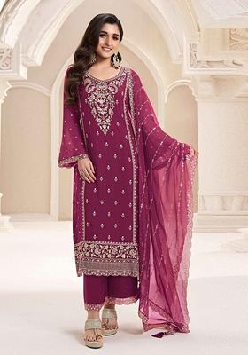 Maroon Embroidered Silk Plazzo Set With Dupatta