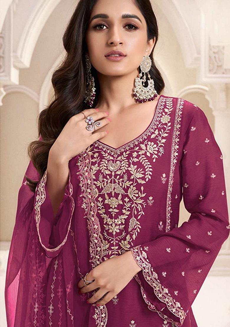 Maroon Embroidered Silk Plazzo Set With Dupatta - Indya