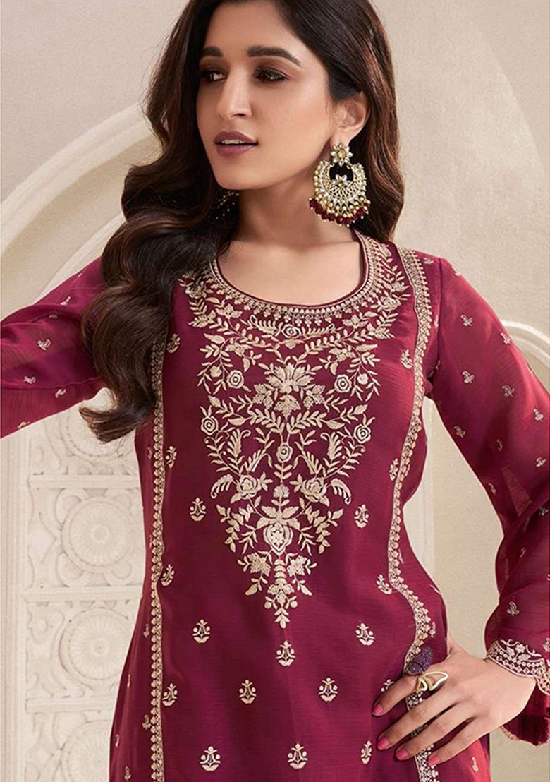 Maroon Embroidered Silk Plazzo Set With Dupatta - Indya