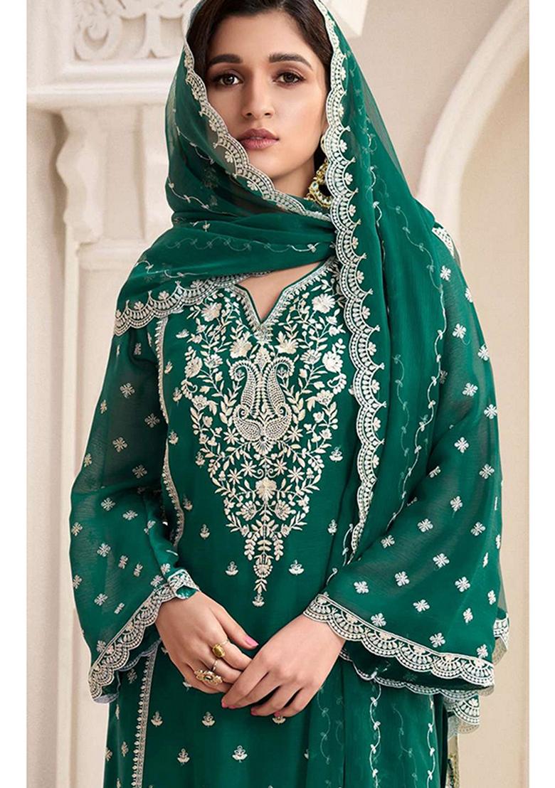 Green Embroidered Silk Plazzo Set With Dupatta - Indya