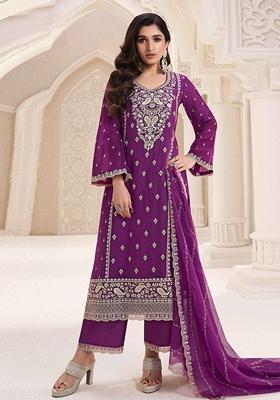 Purple Embroidered Silk Plazzo Set With Dupatta