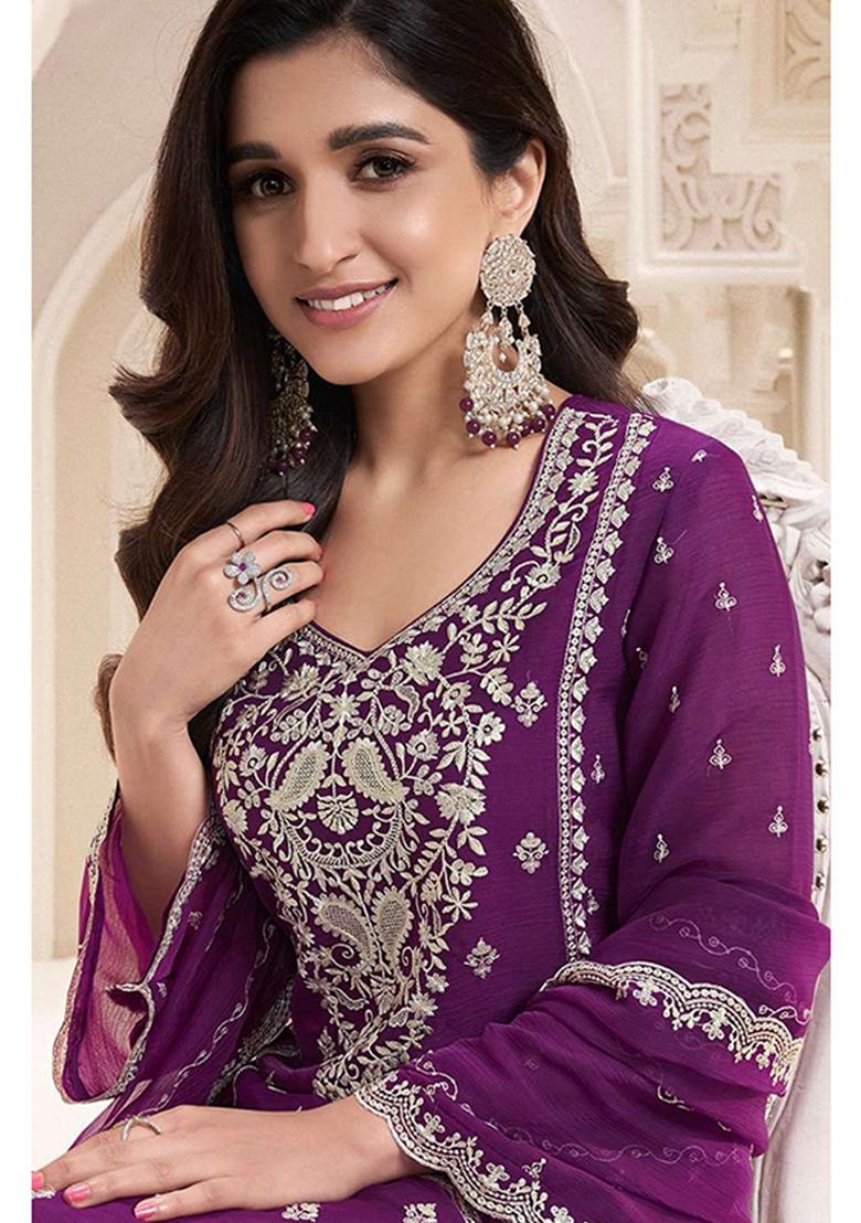 Purple Embroidered Silk Plazzo Set With Dupatta - Indya