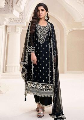 Black Embroidered Silk Plazzo Set With Dupatta