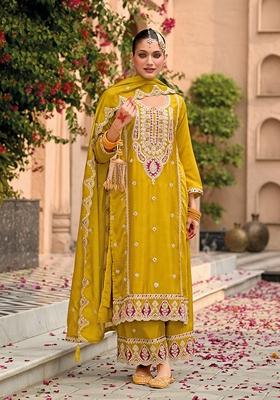 Red Embroidered Chinon Salwar Kameez With Dupatta