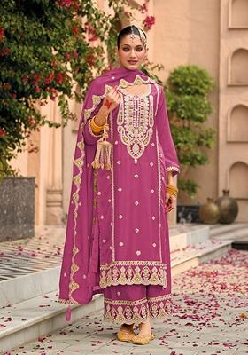 Pink Embroidered Chinon Salwar Kameez With Dupatta