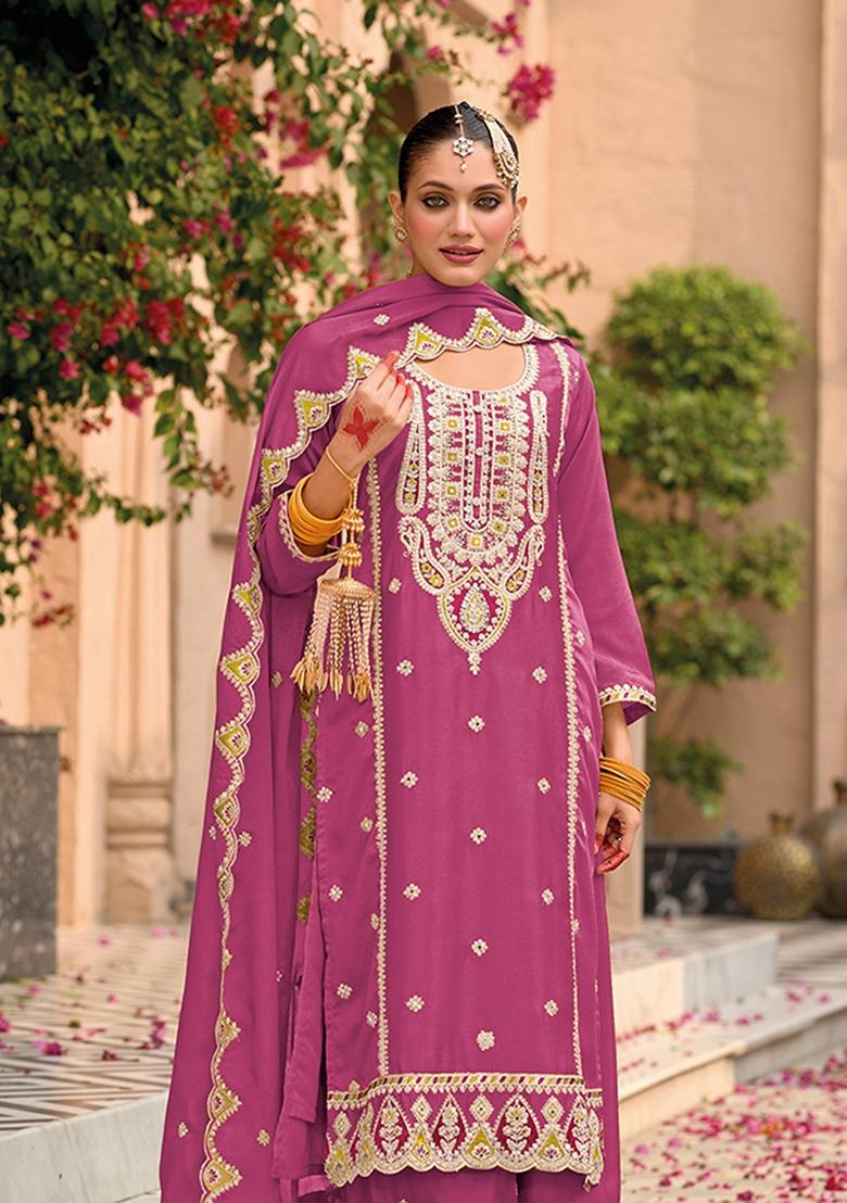 Pink Embroidered Chinon Salwar Kameez With Dupatta - Indya