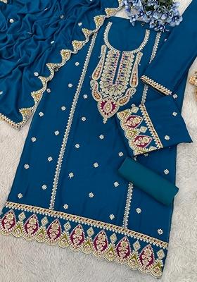 Blue Embroidered Chinon Salwar Kameez With Dupatta