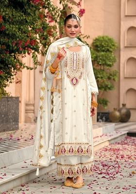 White Embroidered Chinon Salwar Kameez With Dupatta