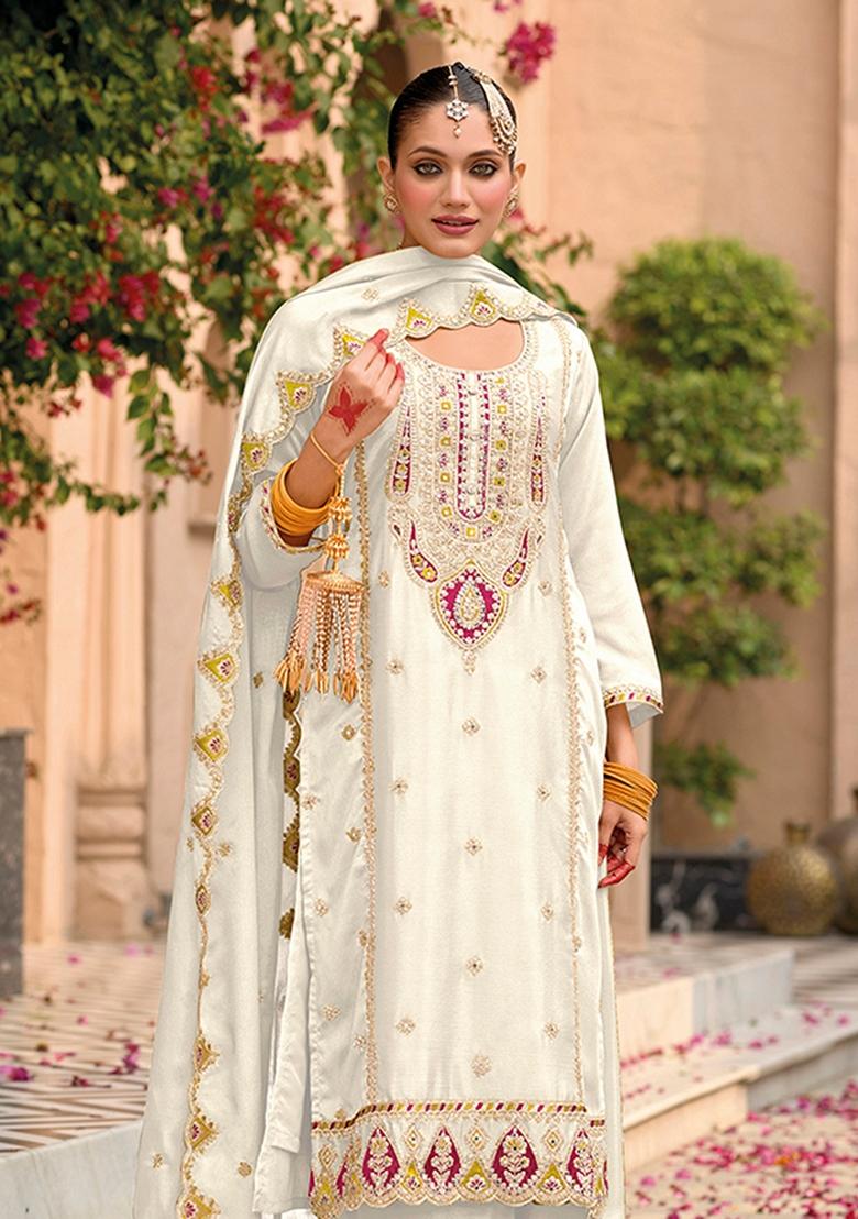 White Embroidered Chinon Salwar Kameez With Dupatta - Indya