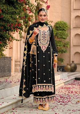 Black Embroidered Chinon Salwar Kameez With Dupatta