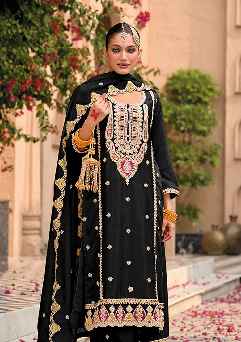 Black Embroidered Chinon Salwar Kameez With Dupatta - Indya