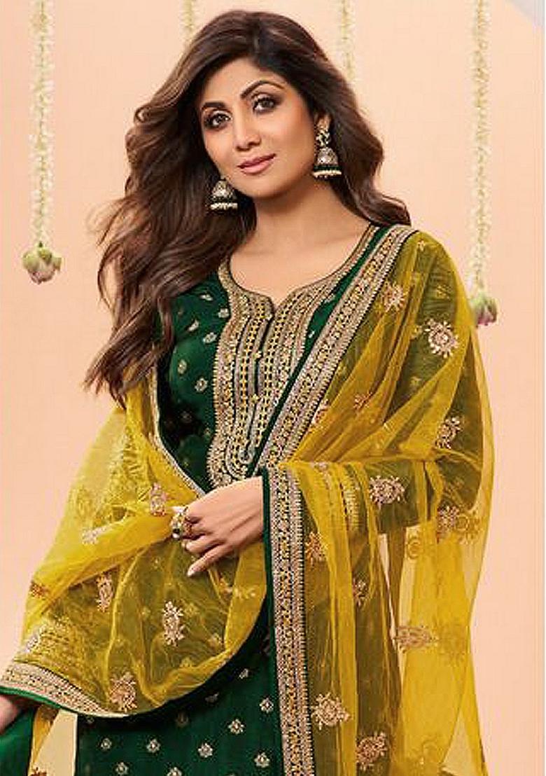 Green Embroidered Viscose Salwar Kameez With Dupatta - Indya