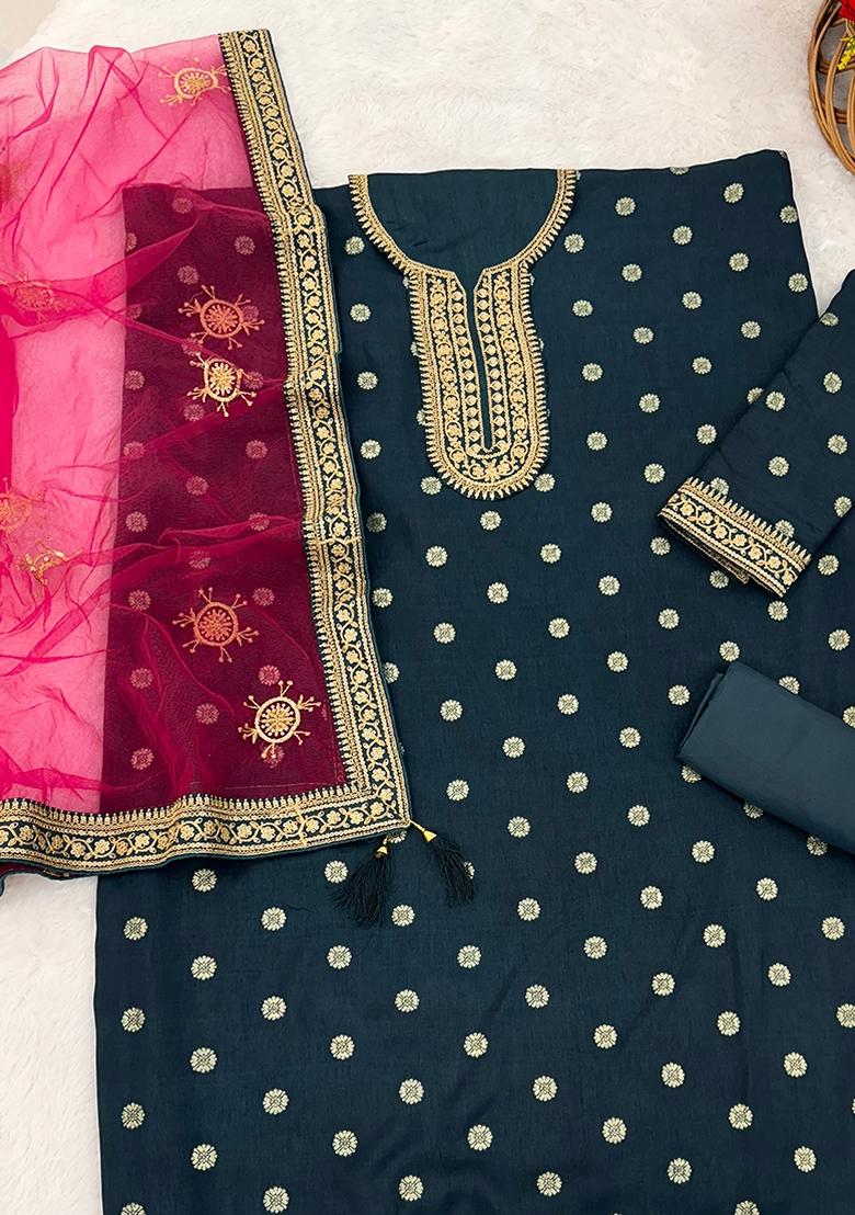 Peach Embroidered Viscose Salwar Kameez With Dupatta - Indya