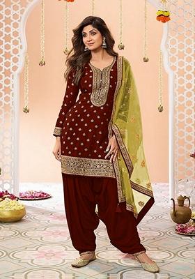Maroon Embroidered Viscose Salwar Kameez With Dupatta
