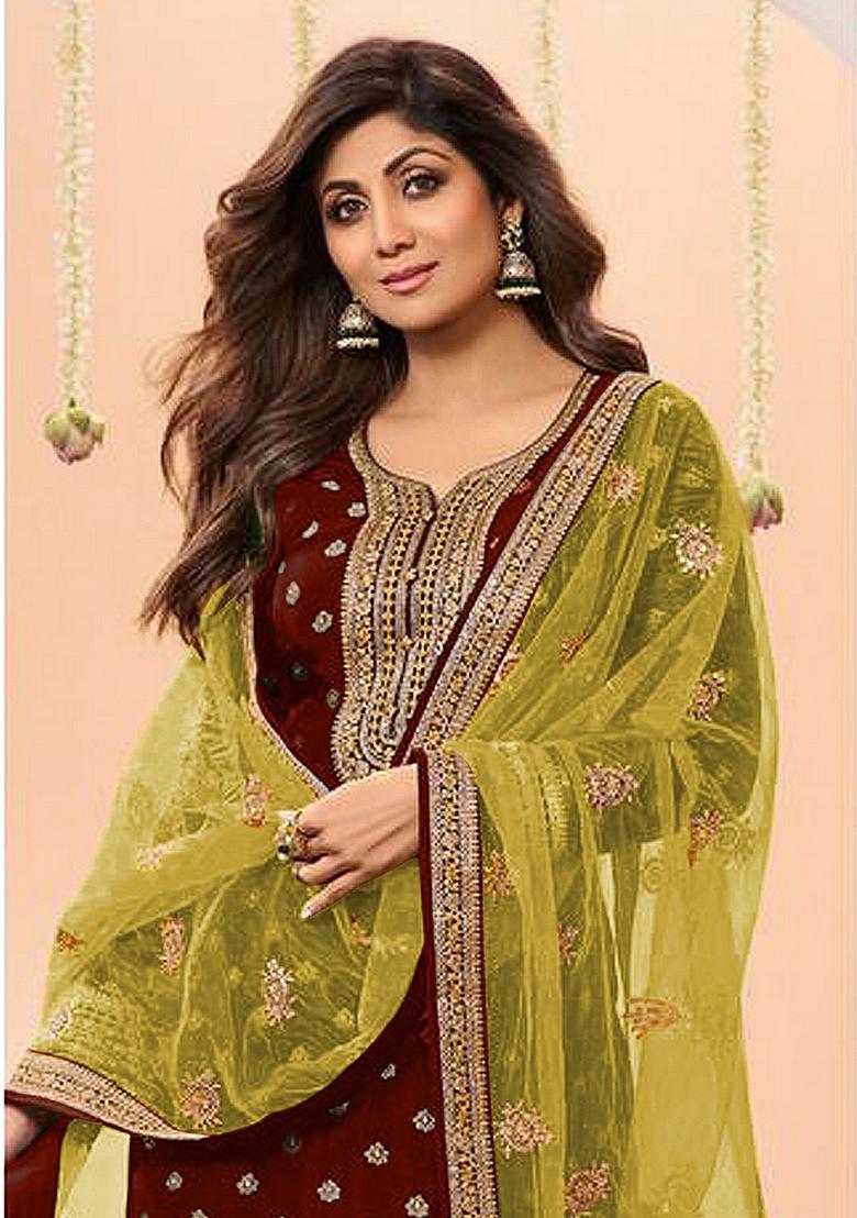 Maroon Embroidered Viscose Salwar Kameez With Dupatta - Indya