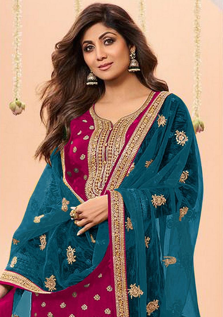 Pink Embroidered Viscose Salwar Kameez With Dupatta - Indya