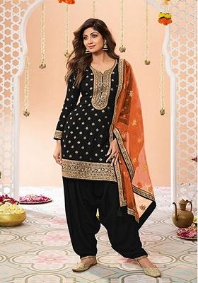 Black Embroidered Viscose Salwar Kameez With Dupatta