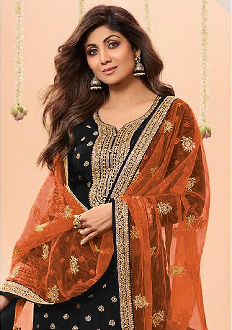 Black Embroidered Viscose Salwar Kameez With Dupatta - Indya