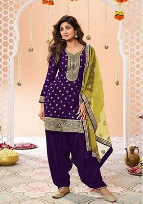 Purple Embroidered Viscose Salwar Kameez With Dupatta