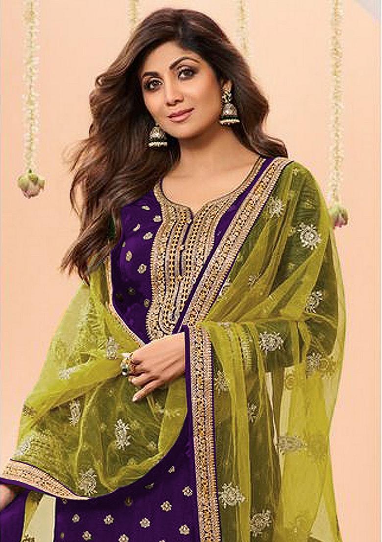 Purple Embroidered Viscose Salwar Kameez With Dupatta - Indya