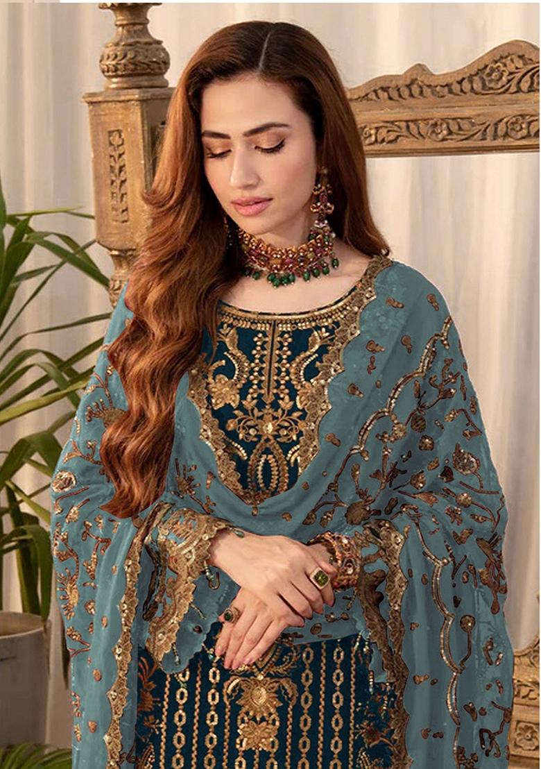 Blue Embroidered Georgette Salwar Kameez With Dupatta - Indya