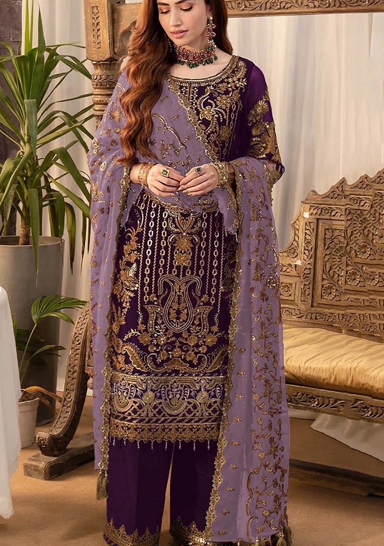Purple Embroidered Georgette Salwar Kameez With Dupatta - Indya