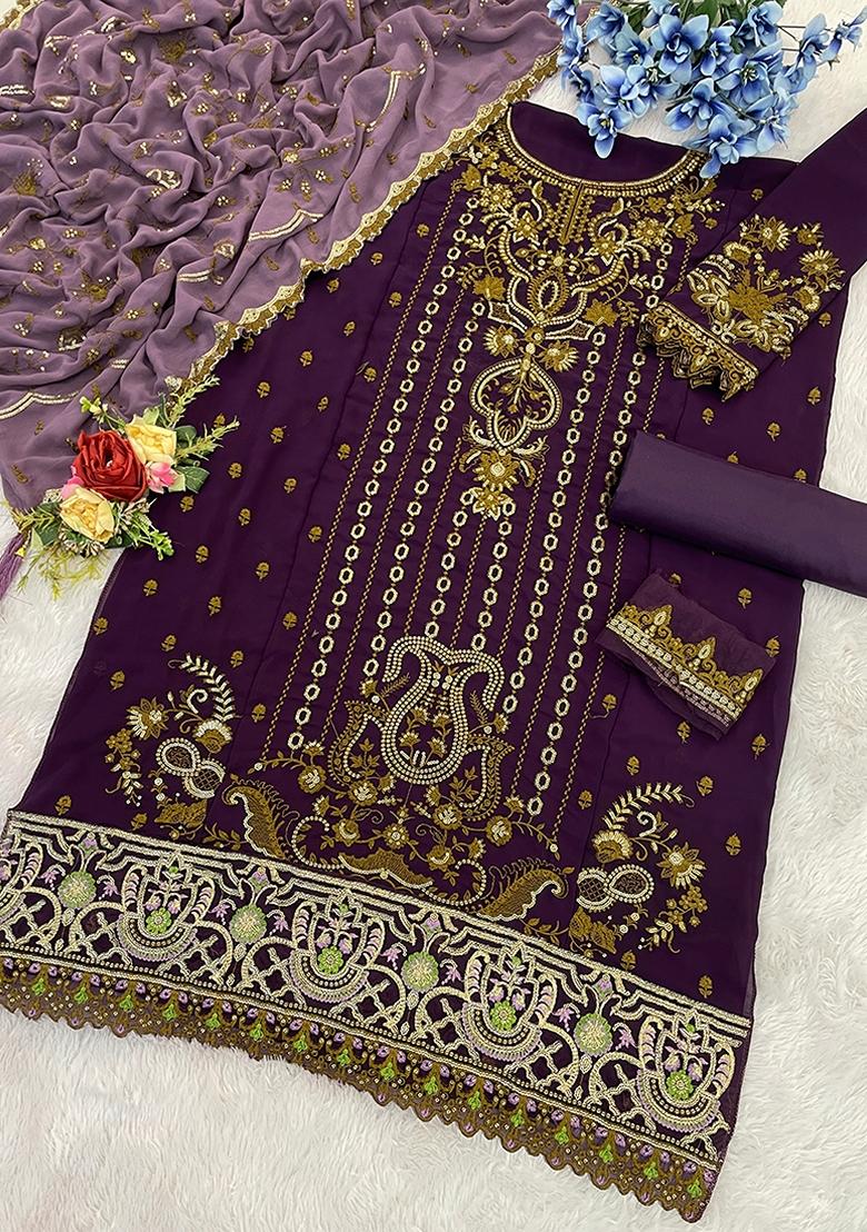 Purple Embroidered Georgette Salwar Kameez With Dupatta - Indya