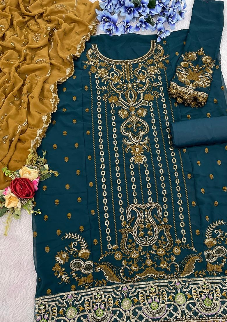 Blue Embroidered Georgette Salwar Kameez With Dupatta - Indya