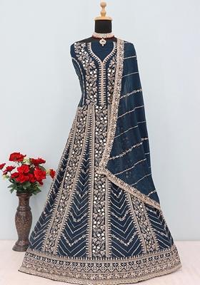 Blue Embroidered Georgette Anarkali Set With Dupatta