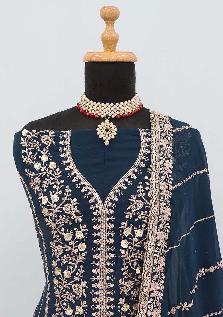 Blue Embroidered Georgette Anarkali Set With Dupatta - Indya