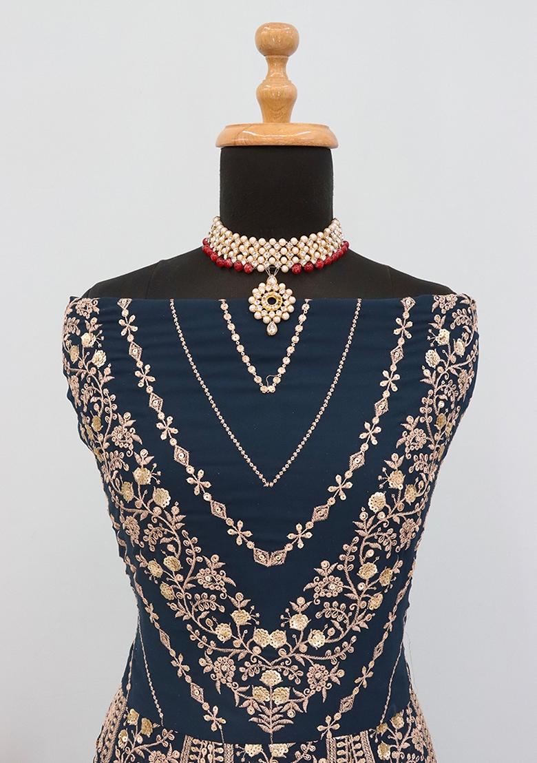 Blue Embroidered Georgette Anarkali Set With Dupatta - Indya