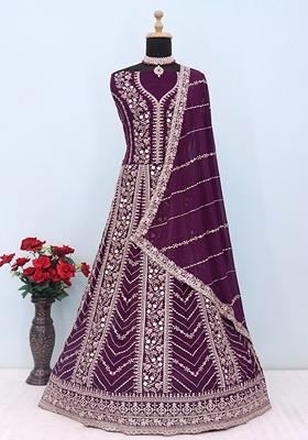 Wine Embroidered Georgette Anarkali Set With Dupatta